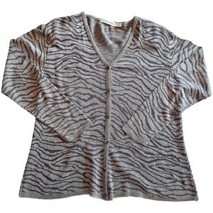Vtg Karen Lessly Zebra Cardigan XL Gray Black Made in USA Animal Print 90s Y2K